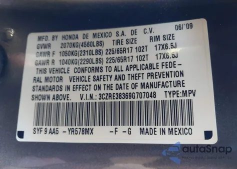 2009 Honda Cr-V Lx из США, поврежденный, VIN 3CZRE38369G707048